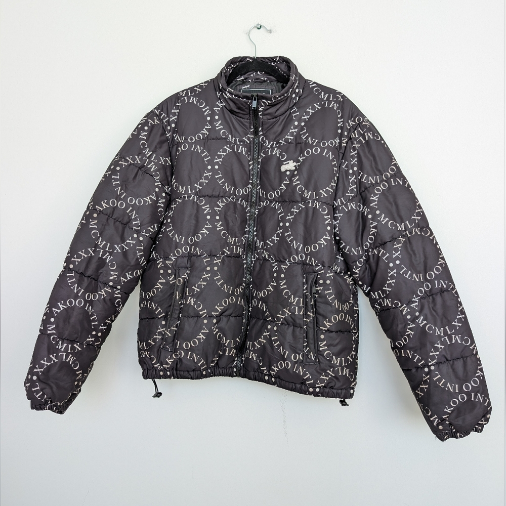 AKOO A King of Oneself Black Monogram Puffer Jacket High Neck Full Zip Sz L